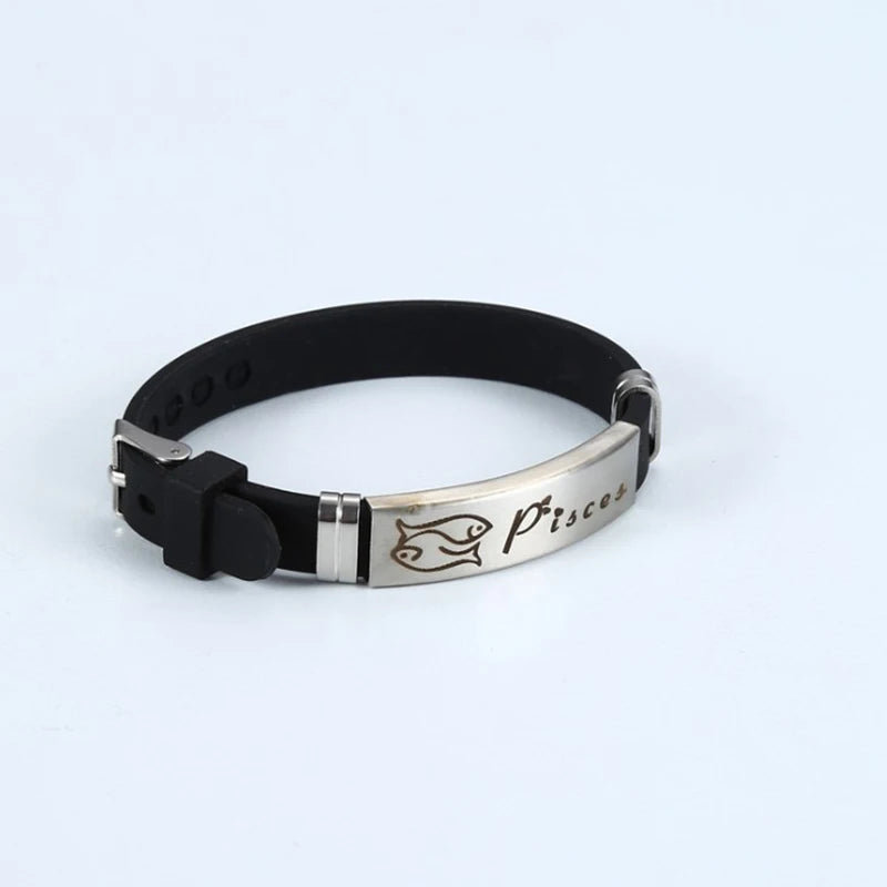 12 Signs of the Zodiac Bracelets Cancer Leo Libra Sagittarius Pattern Black Silicone Bangles Men Classic Jewelry G012