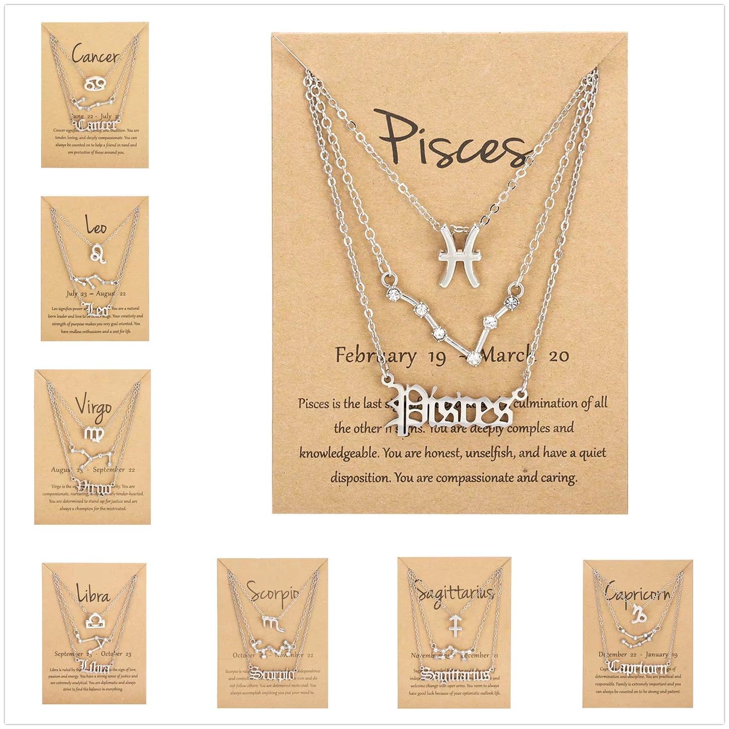 3Pcs/Set 12 Constellation Pendant Necklaces Couple Lover Fashion Cardboard Star Zodiac Sign Charm Pisces Necklace Jewelry Gifts