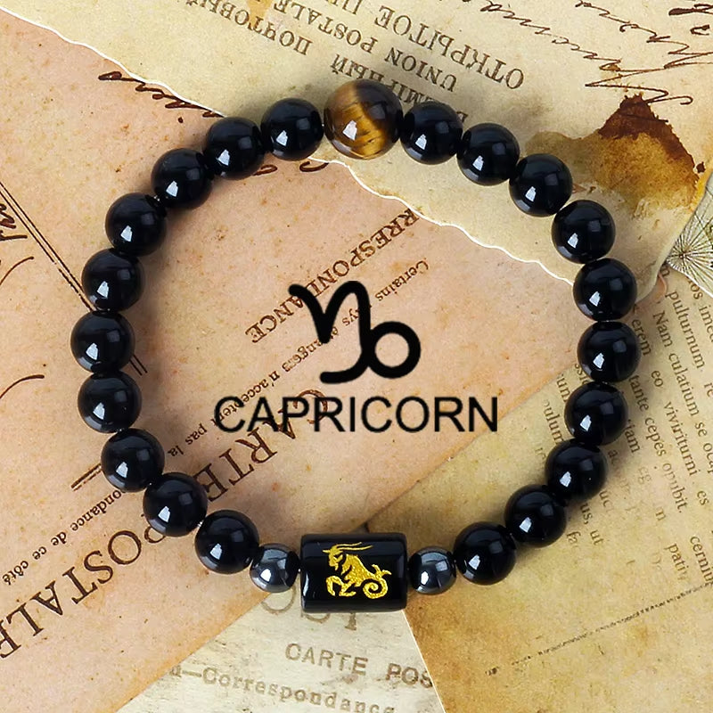 12 Zodiac Signs Charm Bracelets Men 2024 Libra Obsidian Tiger Eye Stone Beaded Bracelets for Women Constellation Couple Jewelry