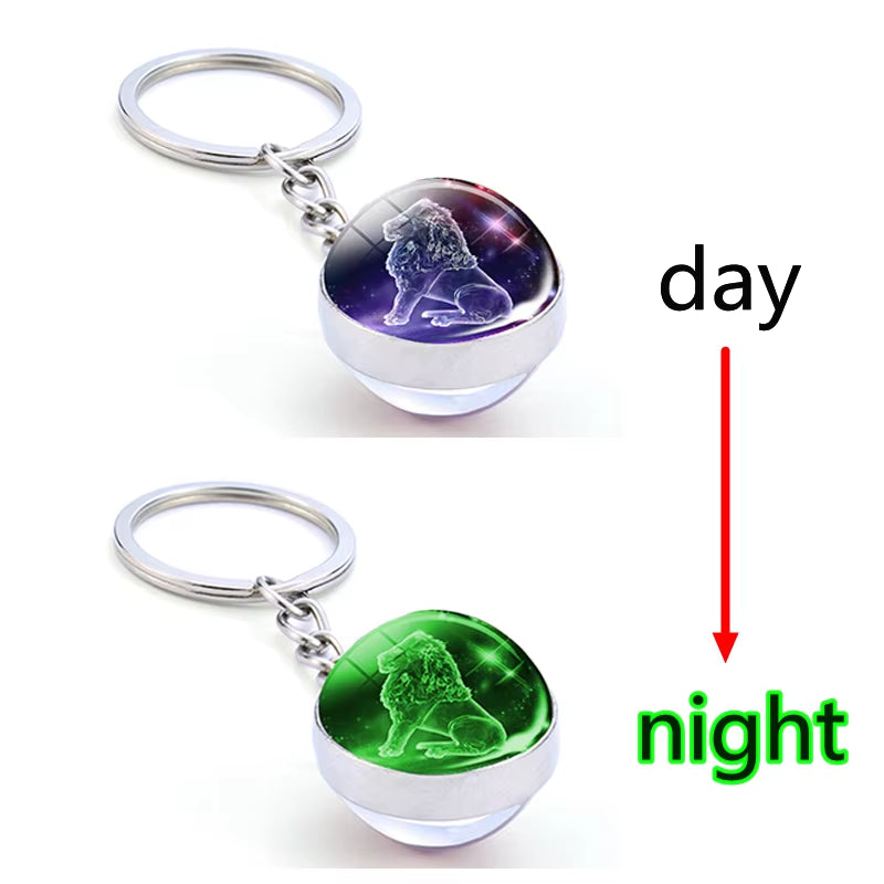 12 Constellation Luminous Keychain Glass Ball Pendant Zodiac Keychain Glow in the Dark Key Chain Holder Men Women Birthday Gift