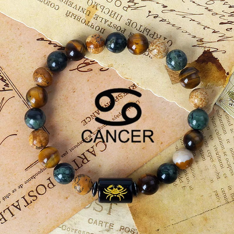 12 Zodiac Signs Charm Bracelets Men 2024 Libra Obsidian Tiger Eye Stone Beaded Bracelets for Women Constellation Couple Jewelry