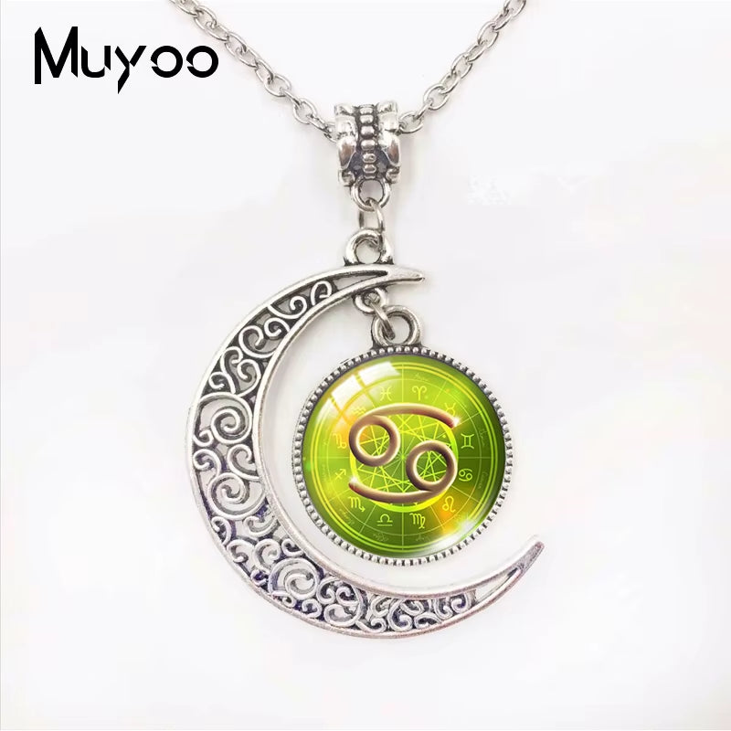 Galaxy Nebula 12 Zodiac Scorpio Sagittarius Capricorn Aquarius Signs Moon Pendant Fashion Necklace Glass Dome Zodiac Jewelry