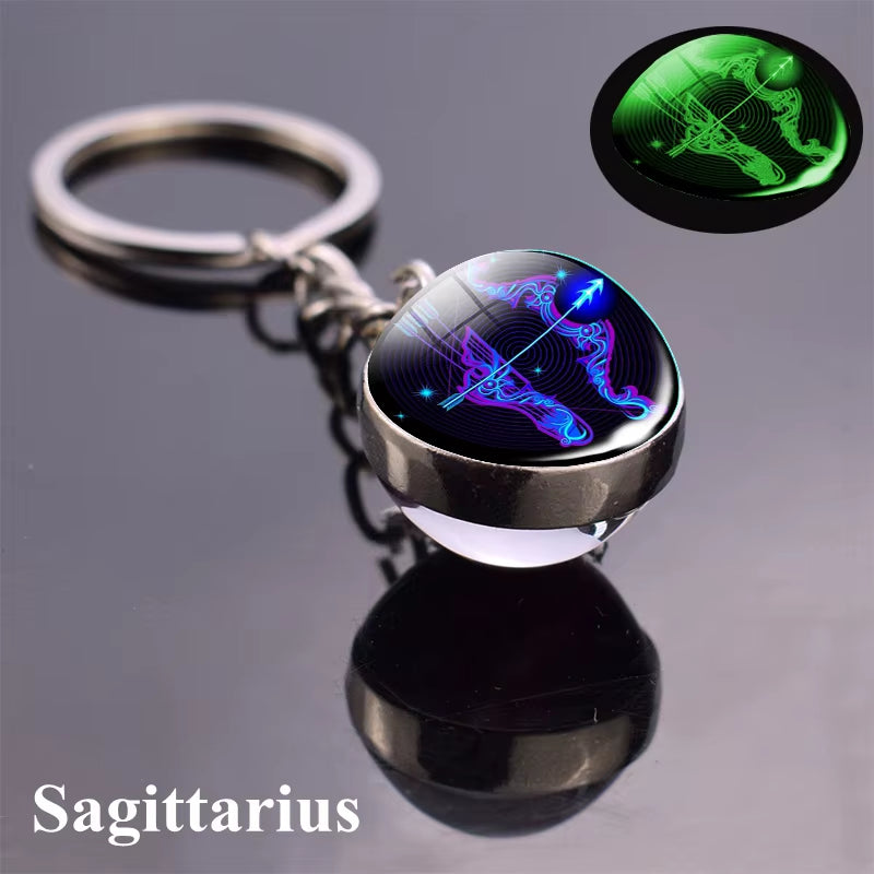 12 Constellation Luminous Keychain Glass Ball Pendant Zodiac Keychain Glow in the Dark Key Chain Holder Men Women Birthday Gift