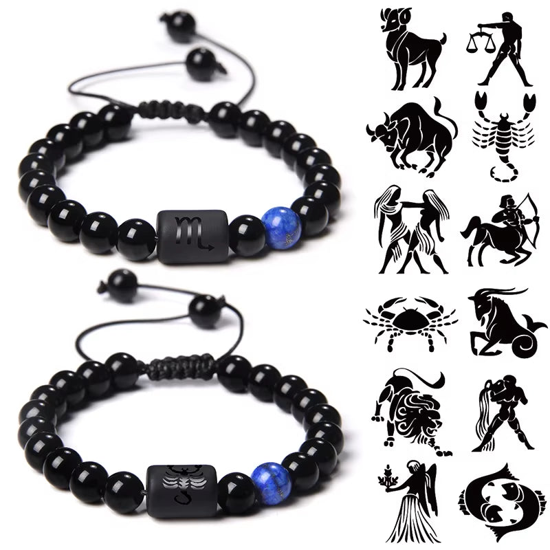 12 Zodiac Signs Constellation Couples Bracelet Natural Stone Beads Braided Bracelet for Women Men Friend Birthday Jewelry Gift