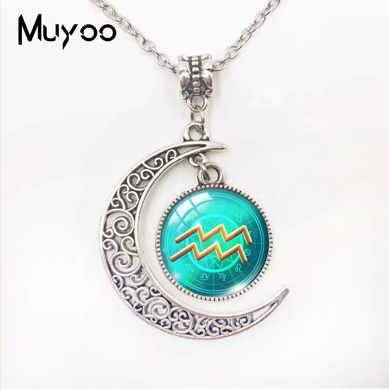 Galaxy Nebula 12 Zodiac Scorpio Sagittarius Capricorn Aquarius Signs Moon Pendant Fashion Necklace Glass Dome Zodiac Jewelry