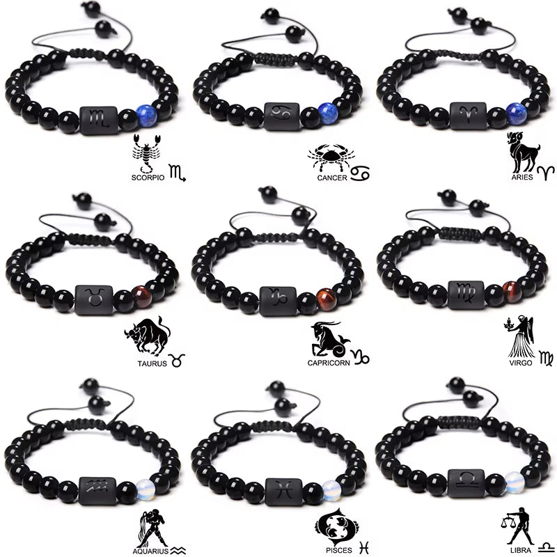 12 Zodiac Signs Constellation Couples Bracelet Natural Stone Beads Braided Bracelet for Women Men Friend Birthday Jewelry Gift