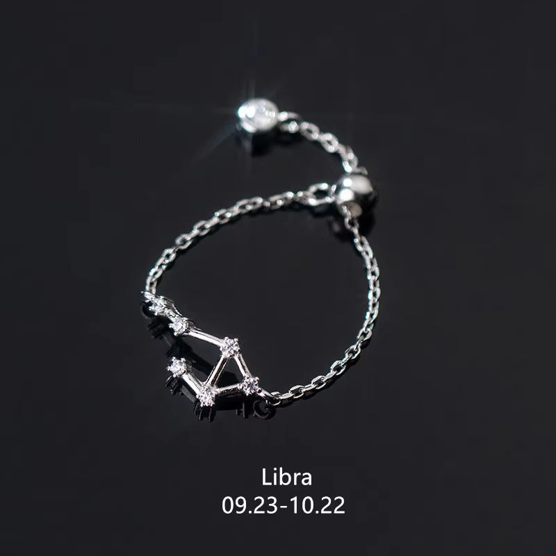 925 Sterling Silver Unique 12 Constellation Chain Link Adjustable Rings for Women Couple Zodiac Jewelry Celestial Gift