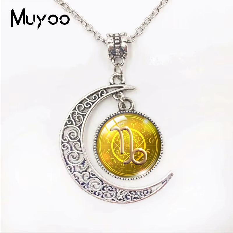 Galaxy Nebula 12 Zodiac Scorpio Sagittarius Capricorn Aquarius Signs Moon Pendant Fashion Necklace Glass Dome Zodiac Jewelry