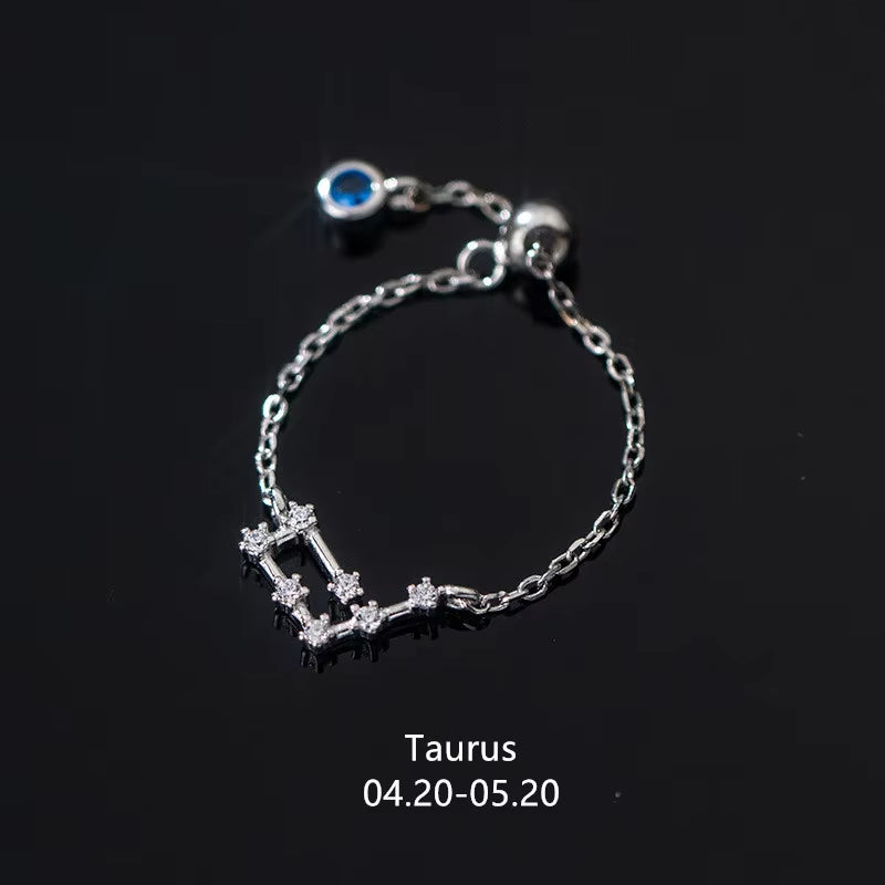 925 Sterling Silver Unique 12 Constellation Chain Link Adjustable Rings for Women Couple Zodiac Jewelry Celestial Gift