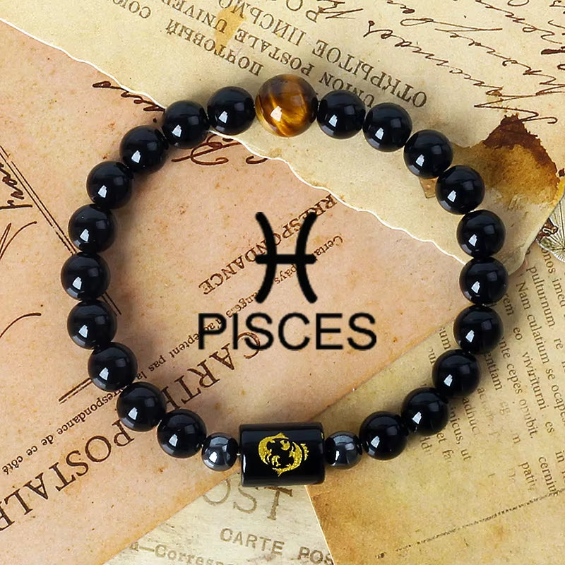 12 Zodiac Signs Charm Bracelets Men 2024 Libra Obsidian Tiger Eye Stone Beaded Bracelets for Women Constellation Couple Jewelry